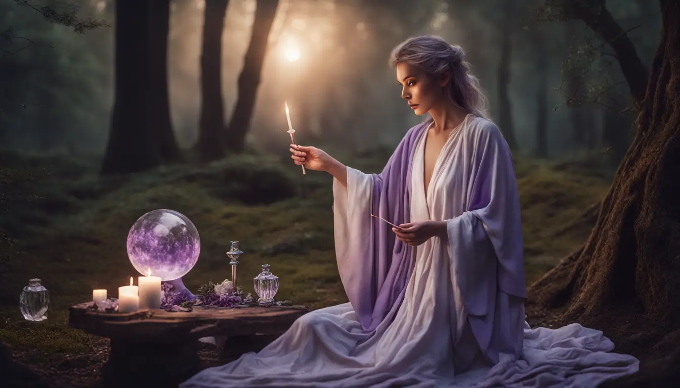 Imagem de uma mulher em traje branco realizando rituais wicca em um altar na floresta ao entardecer, ideal para entender os princípios da Wicca.