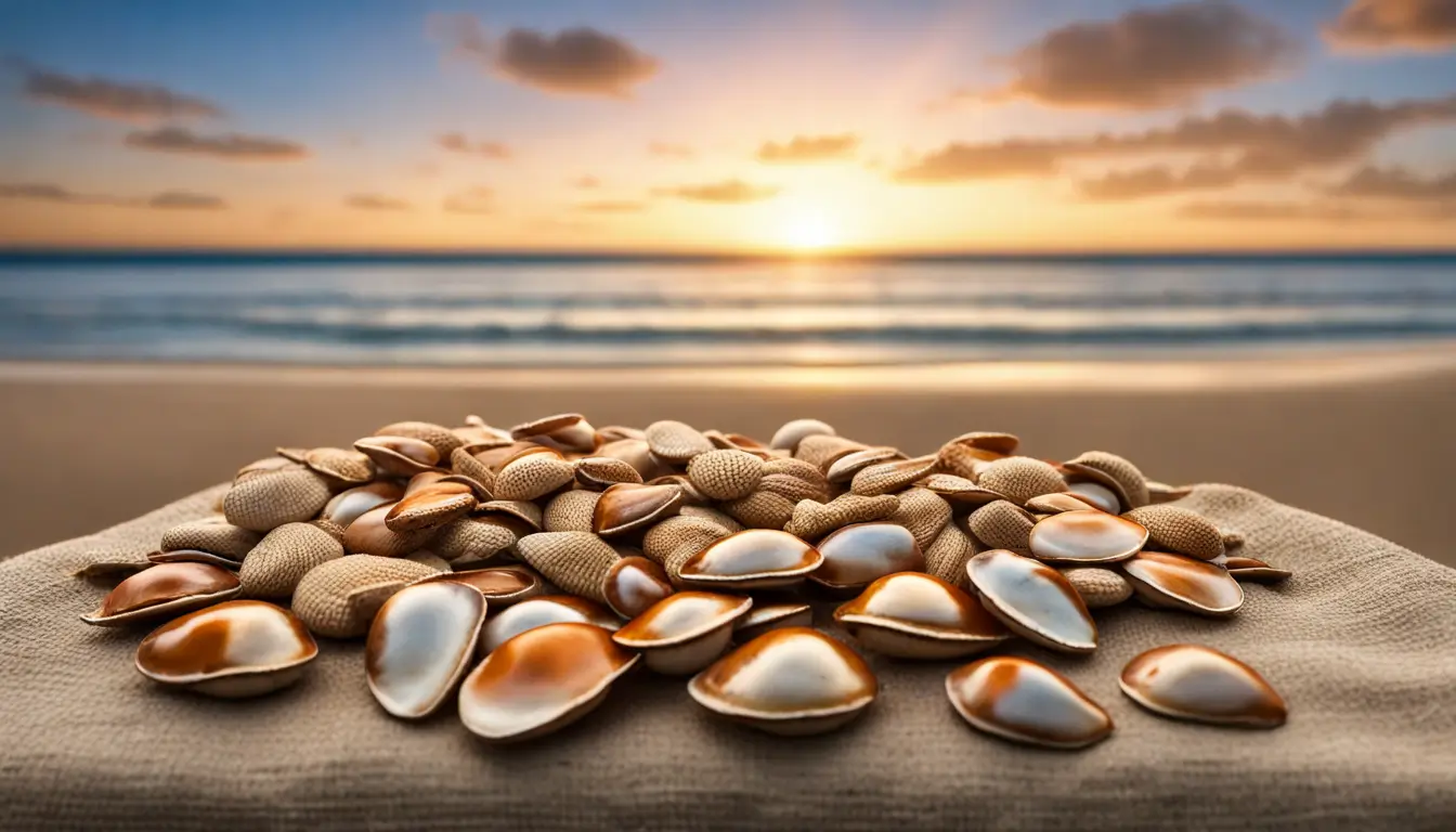 Imagem de uma mesa de madeira com búzios sobre um pano de juta, ao pôr do sol na praia, representando a prática de leitura dos búzios.