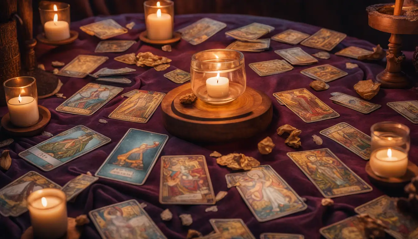 Uma mesa de madeira detalhada com um pano de veludo colorido mostrando cartas de Tarô do Arcano Maior iluminadas por velas.