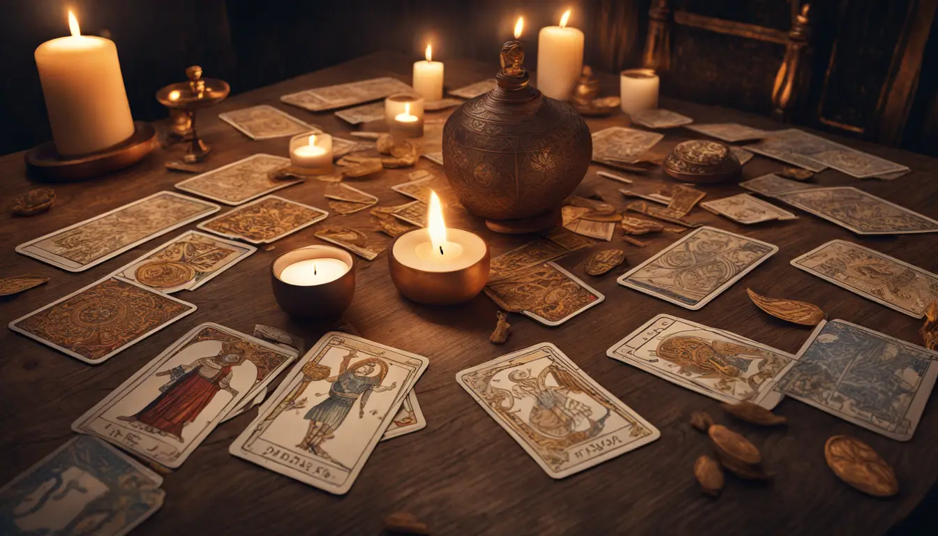 Ilustração de uma mesa de madeira com cartas de tarot espalhadas, iluminadas por velas, destacando designs e símbolos intrincados.