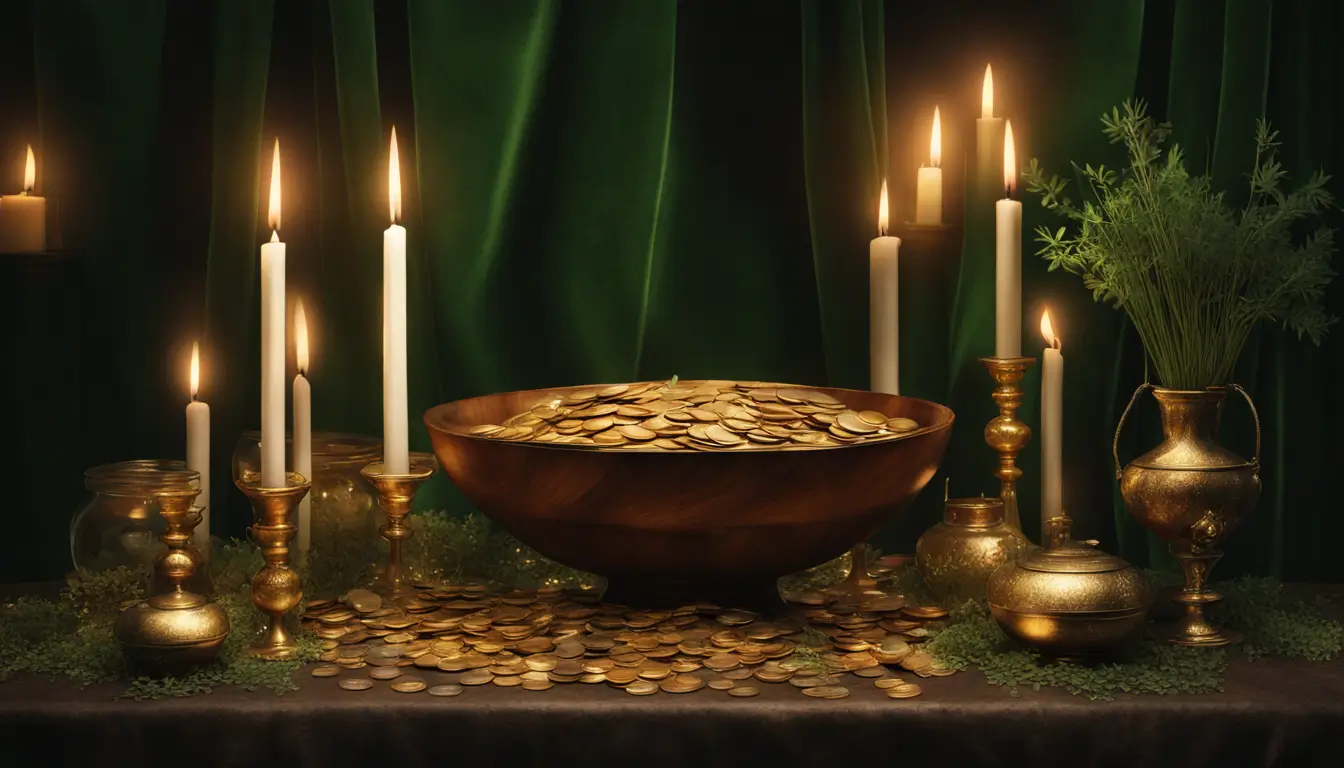 Imagem detalhada de um ritual de prosperidade financeira com uma mesa de madeira, velas verdes e douradas, uma bola de cristal e ervas espalhadas.