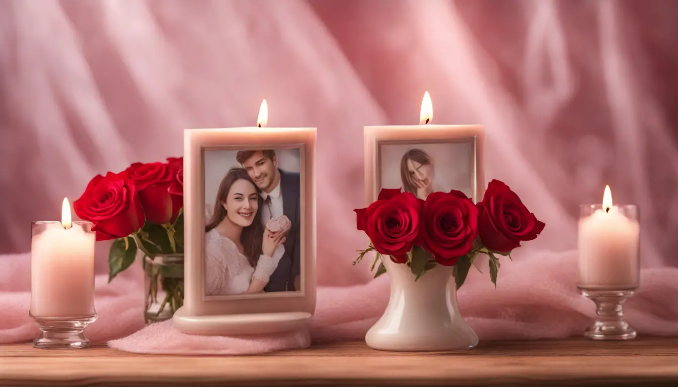 Uma mesa de madeira com velas brancas, rosas vermelhas em um vaso de vidro e um medalhão em forma de coração, evocando romance.