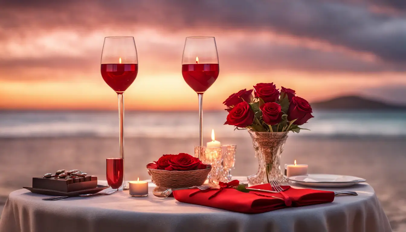 Mesa romântica na praia com velas vermelhas, rosas e chocolates em forma de coração ao pôr do sol, ideal para atrair amor verdadeiro.