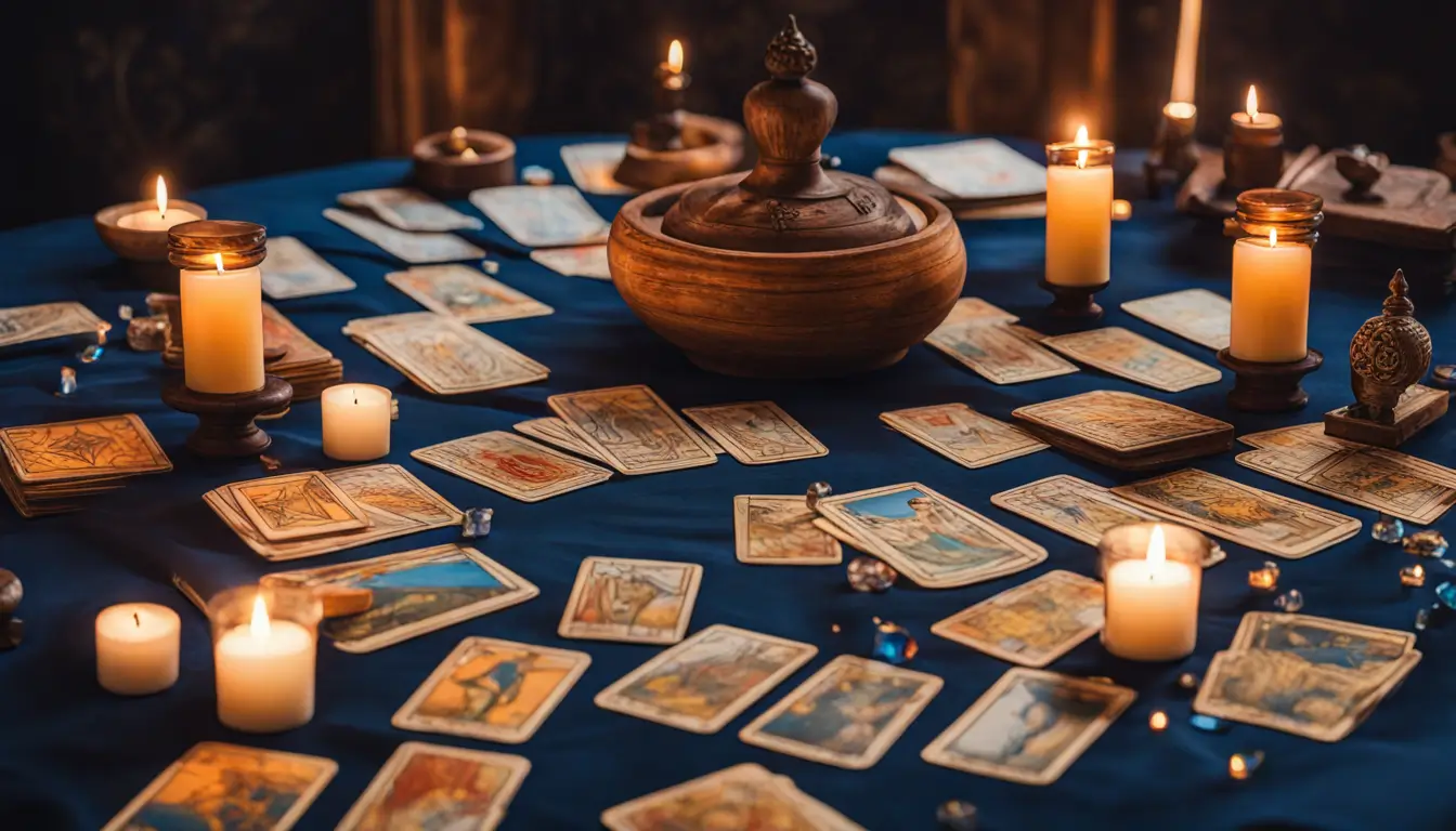 Mesa de madeira com cartas coloridas do Tarô de Marselha, velas acesas e pedras de cristal, iluminadas por luz natural suave.