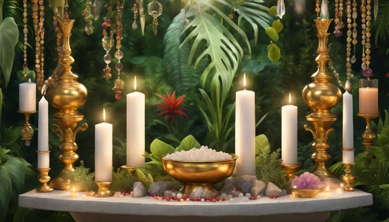 Altar de Umbanda com velas brancas, cristais e ervas, simbolizando proteção e prosperidade, em um cenário tropical verde.