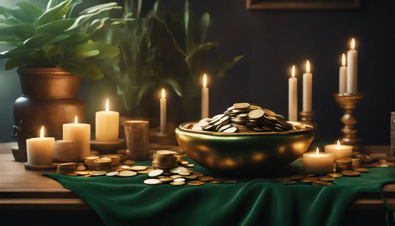 Imagem de uma mesa de madeira com um pano de veludo verde, uma tigela dourada de moedas e velas, ideal para rituais de prosperidade financeira.