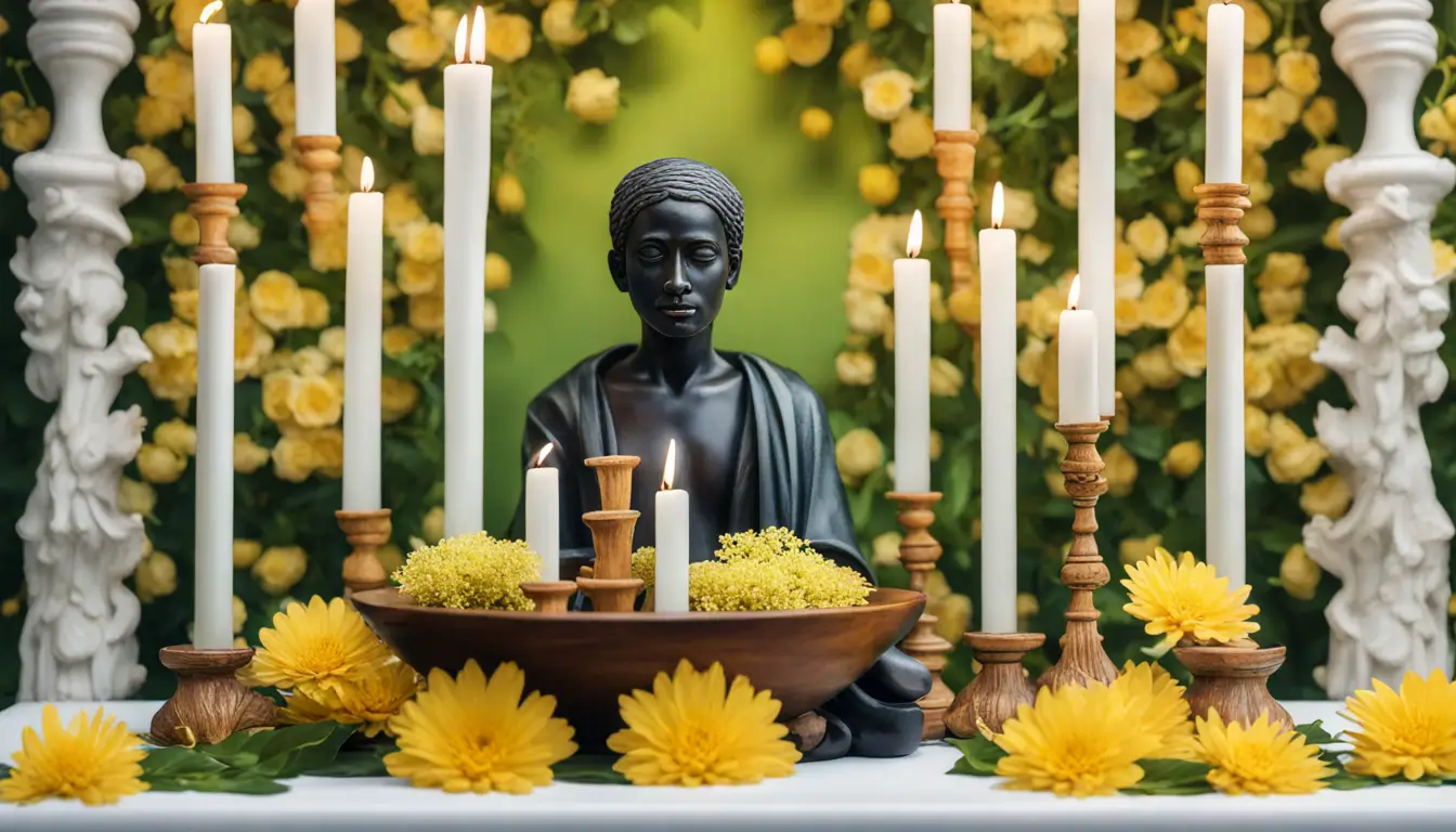 Altar de Umbanda com velas brancas, flores amarelas, estátua de Preto Velho e tigela de água com pétalas, fundo de folhas verdes.