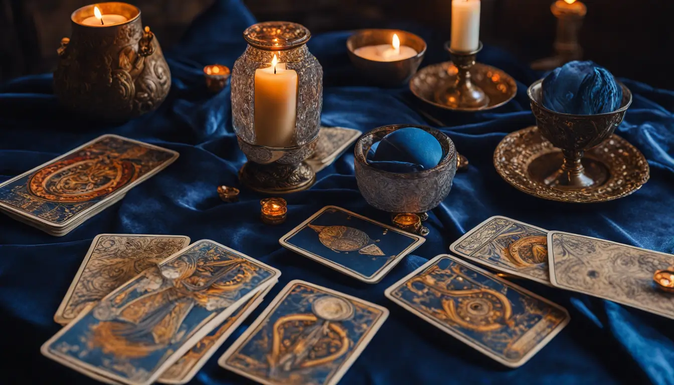 Imagem de uma mesa com toalha de veludo azul e cartas de Tarô de Marselha espalhadas, acompanhadas de uma vela branca acesa e uma bola de cristal.