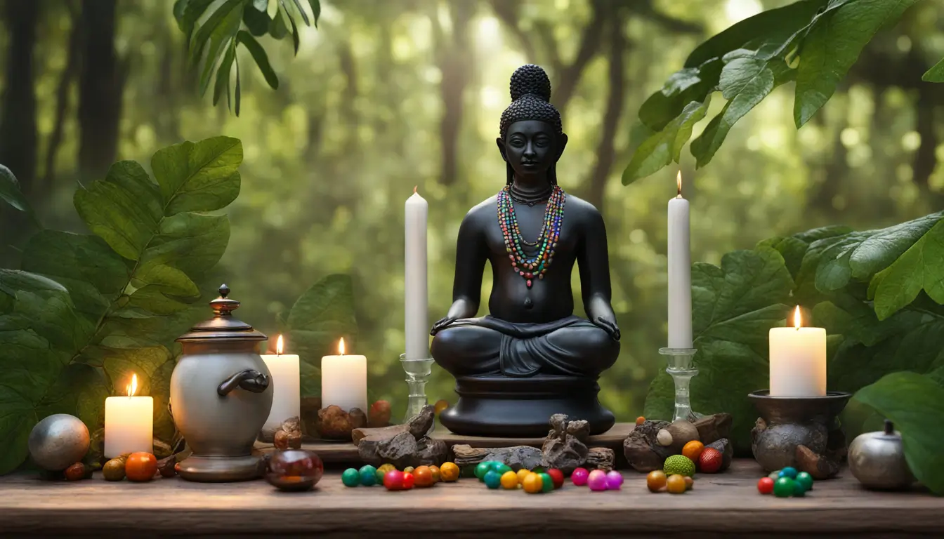 Altar de Umbanda com vela branca, estatua de Preto Velho, contas coloridas e caldeirão, em fundo de floresta verde para proteção espiritual.