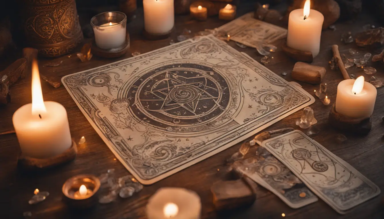 Uma mesa de madeira rústica com cartas de tarot representando o sol, a lua e a estrela, rodeadas por velas acesas e cristais, em iluminação suave.