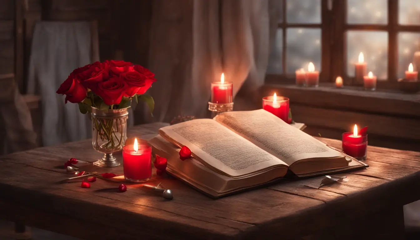 Cena romântica à luz de velas com rosas vermelhas e um livro de poemas de amor, ideal para fortalecer laços afetivos.