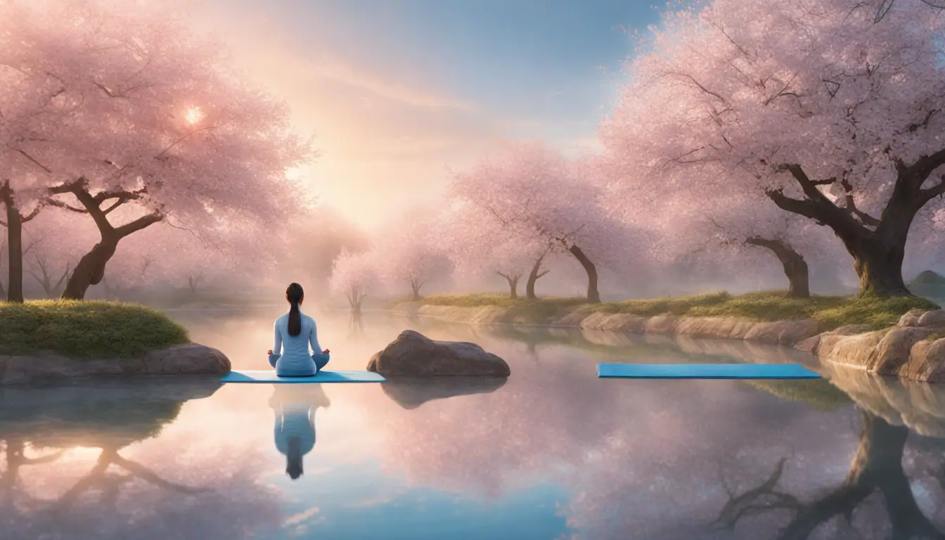 Mulher asiática meditando em um parque tranquilo ao amanhecer, com árvores de cerejeira floridas ao redor e reflexo em um lago sereno.