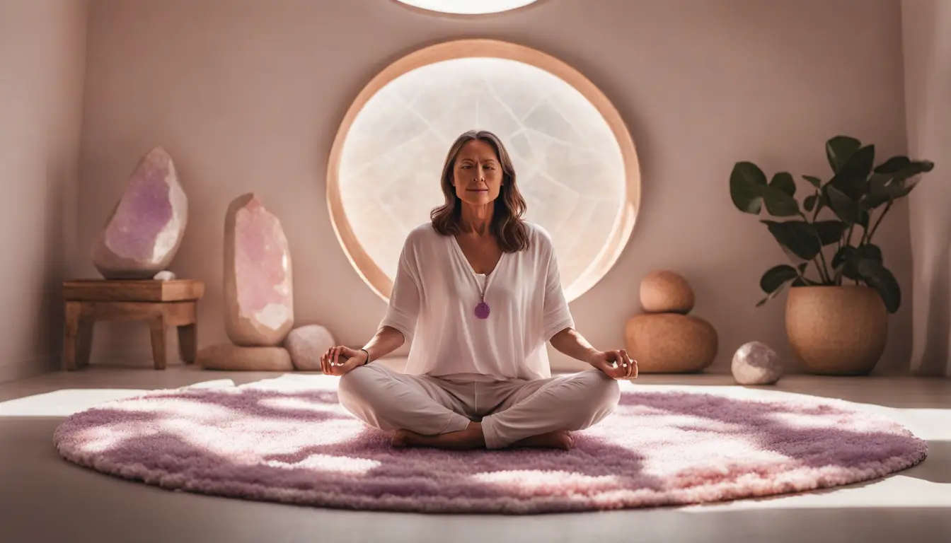 Mulher meditando com cristais ao redor para equilíbrio e paz, destacando um grande cristal de quartzo nas mãos.