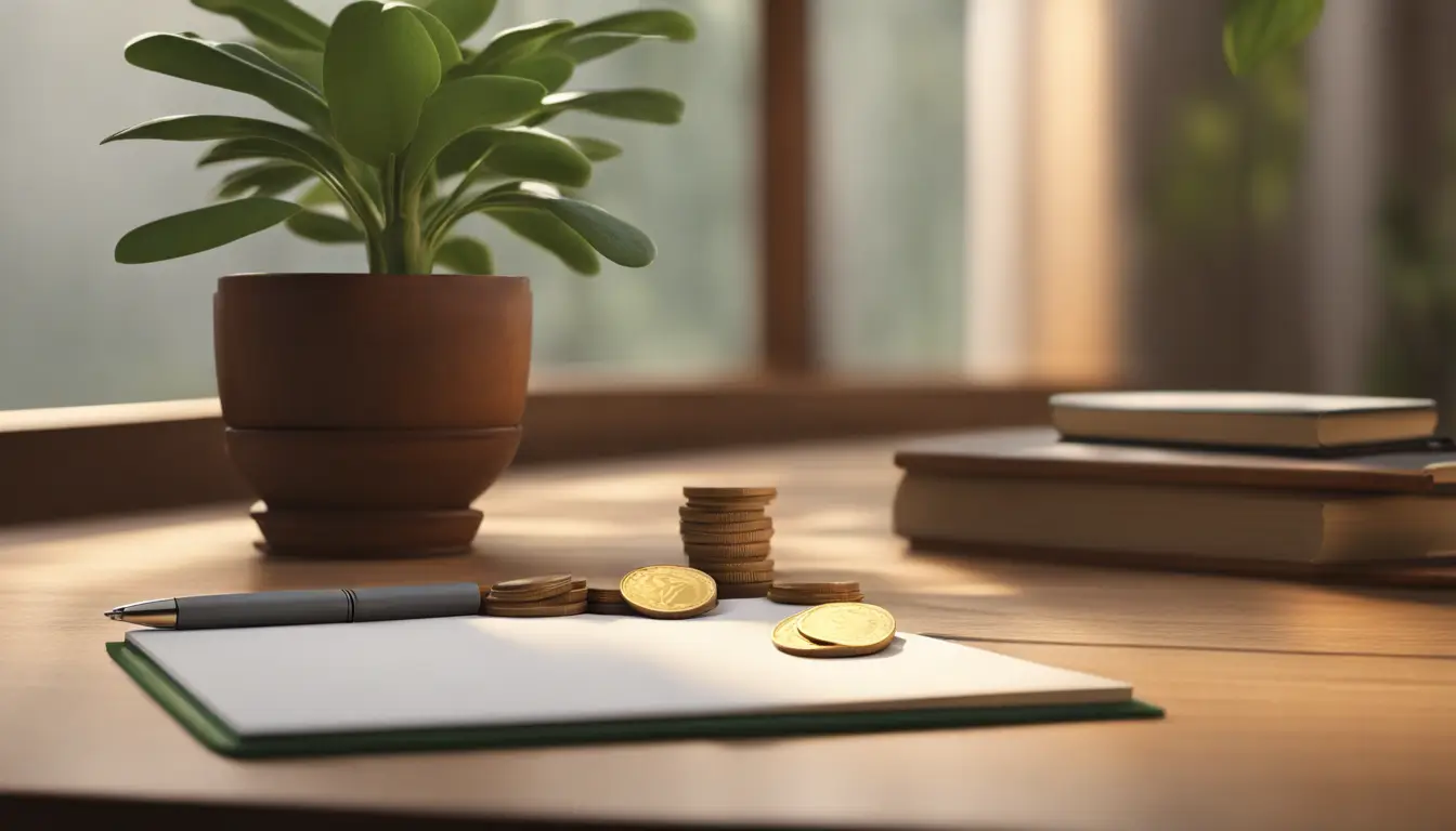 Imagem de uma mesa de madeira com pilhas de moedas douradas, uma planta verdejante e um caderno aberto com caneta, simbolizando rituais de prosperidade.