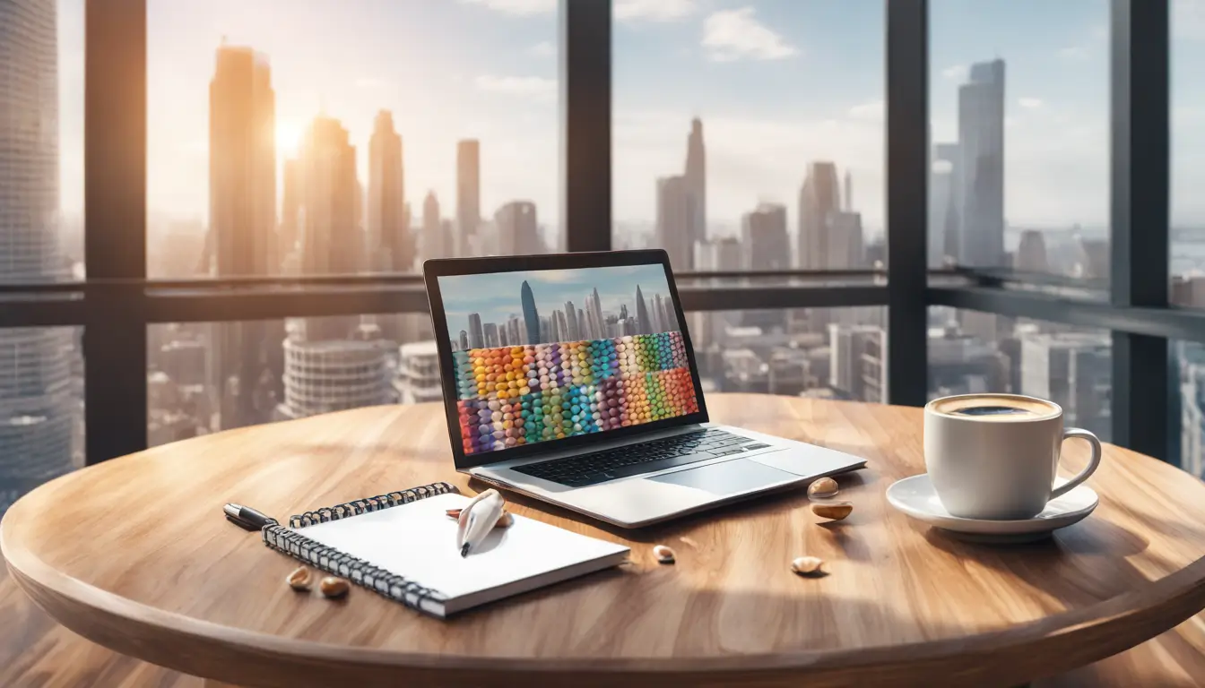 Conjunto de búzios coloridos em uma mesa de madeira com um caderno, caneta, laptop e xícara de café em um escritório moderno com vista para a cidade.