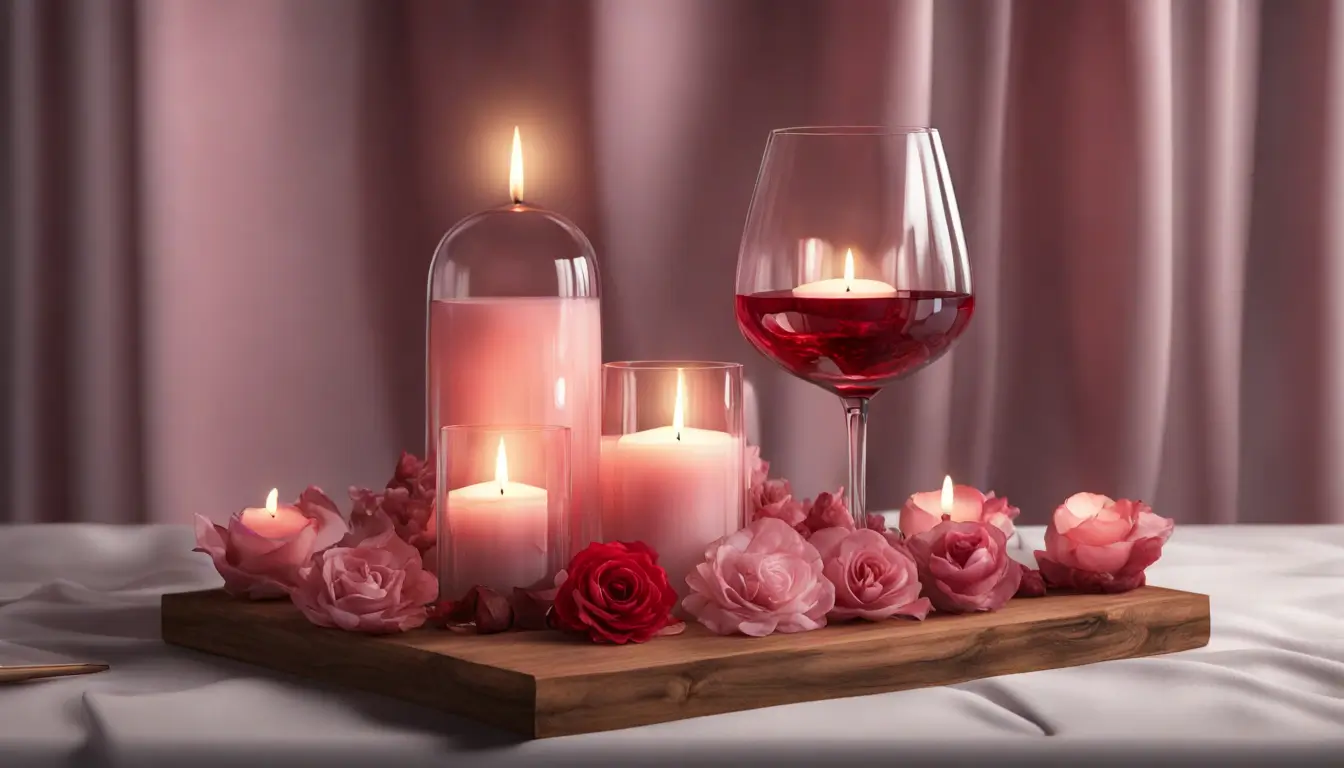 Mesa rústica com velas vermelhas, pétalas de rosa, taças de vinho e amuleto de coração de cristal, simbolizando simpatias para o amor.