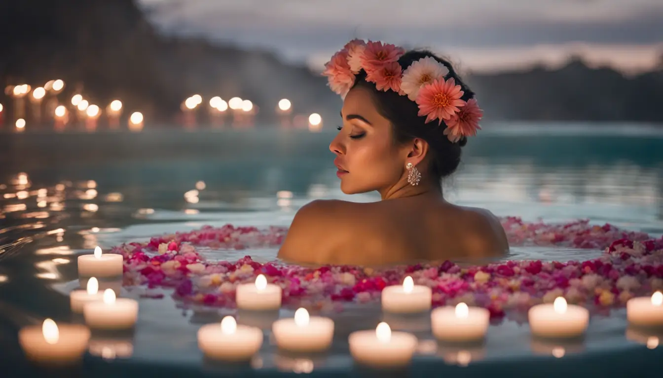 Mulher tomando banho energético em banheira com ervas e flores, rodeada de velas e cristais, luz suave entrando pela janela.