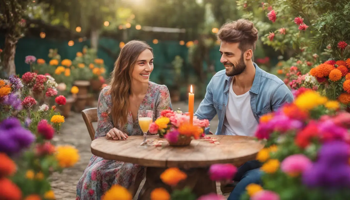 Casais felizes em um jardim florido realizando simpatias amorosas eficazes com velas em formato de coração e mesa decorada com ervas e flores.