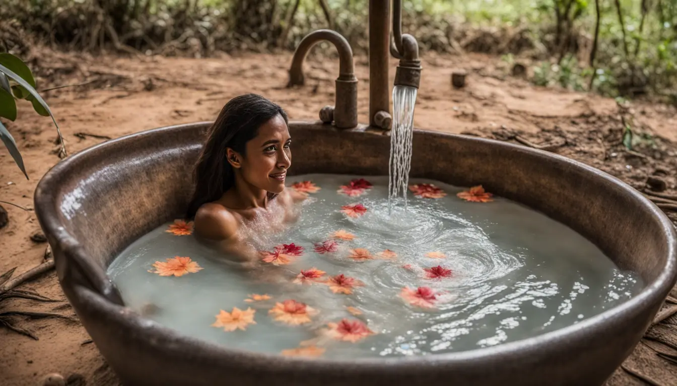 Mulher deitada em banheira de cerâmica branca com água translúcida, velas acesas, cristais coloridos e folhas de ervas frescas flutuando.