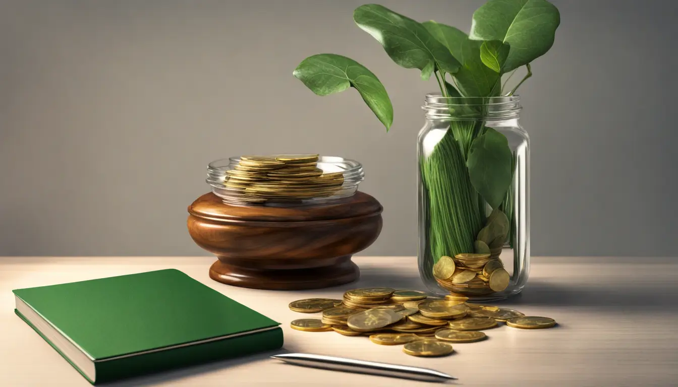 Imagem de uma mesa de madeira escura com pote de moedas douradas, vela acesa, planta pequena, cristal, caderno aberto e caneta dourada.