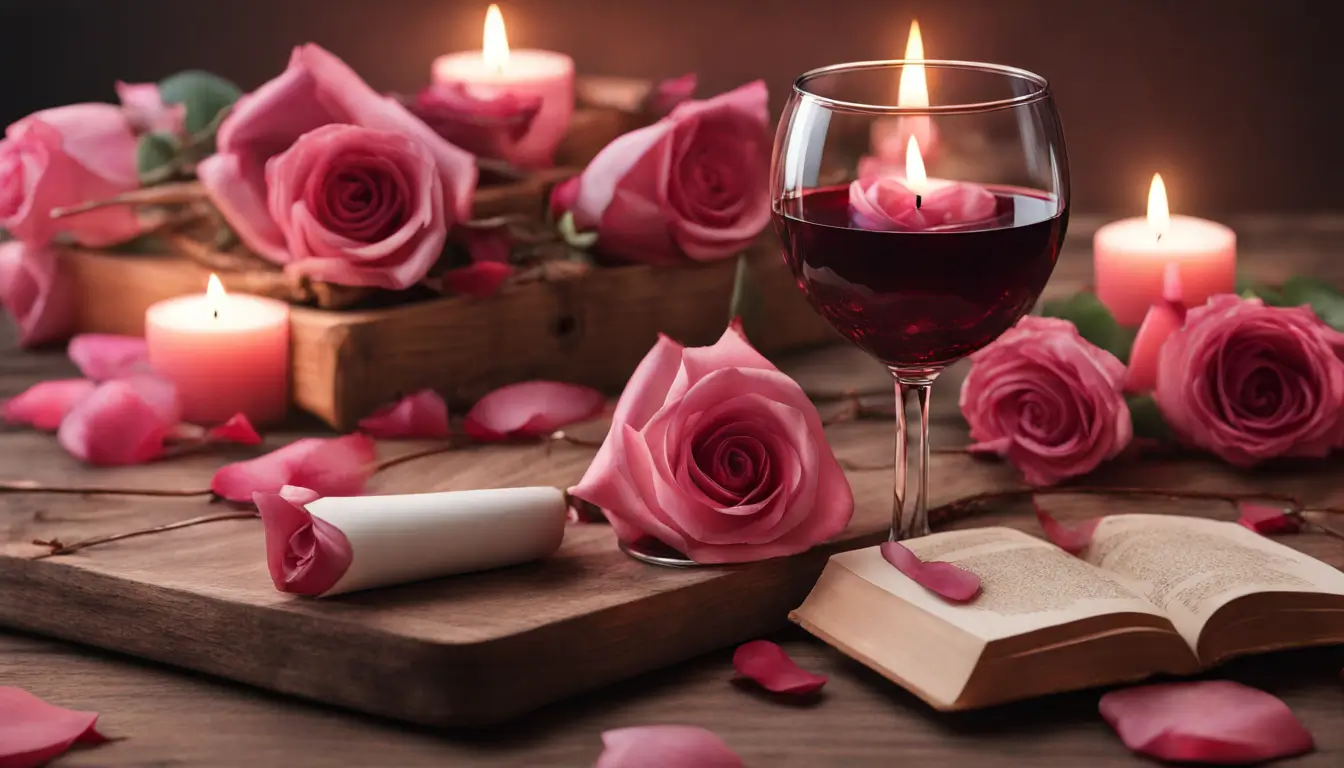 Mesa de madeira com velas acesas, taça de vinho, ramo de rosas, cristal de quartzo rosa e papel cercado por pétalas, representando simpatias poderosas.