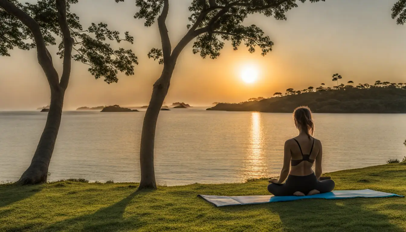 Pessoa meditando em um ambiente natural com árvores, céu azul, riacho, vela acesa e luz do pôr do sol, representando a prática de autoconhecimento.