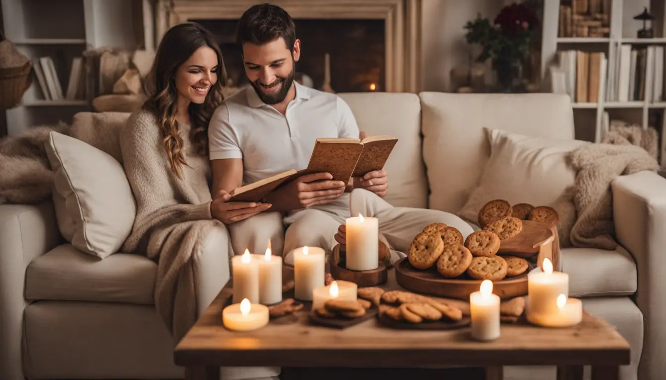 Casal sentado em sofá creme cercado por velas acesas, mesa com chá e biscoitos, prateleira ao fundo com livros e fotos, fortalecendo laços afetivos.