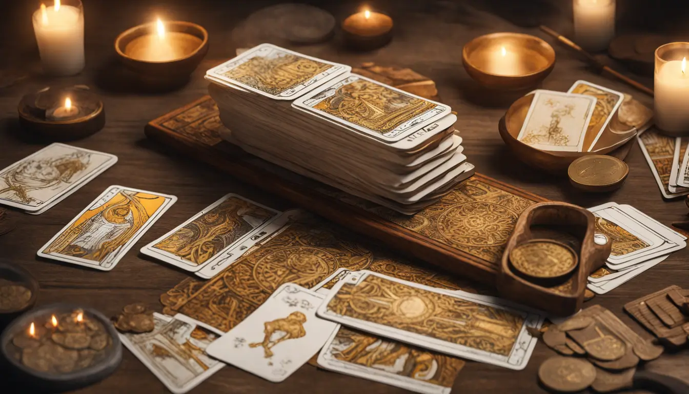 Imagem de uma mesa de madeira com cartas de Tarot, calculadora, moedas de ouro, notas de dinheiro e uma vela acesa, simbolizando decisões financeiras guiadas pelo Tarot.