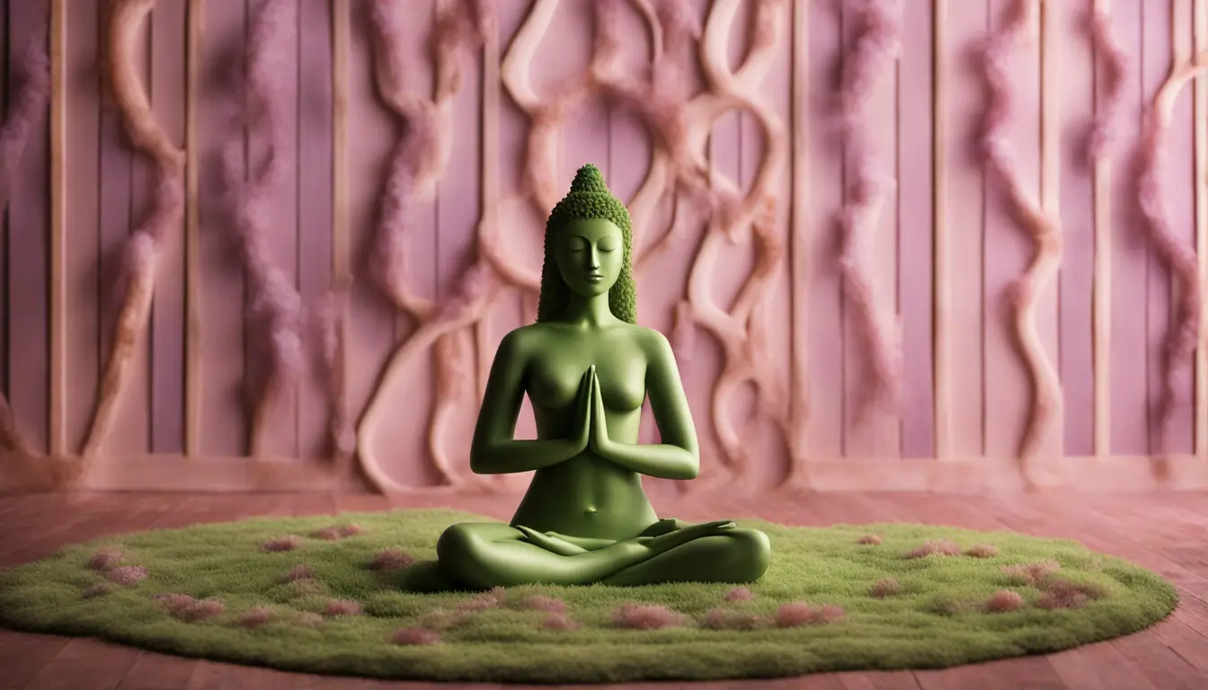 Imagem de pessoa meditando em posição de lótus, cercada por cristais de ametista, quartzo rosa e citrino, com plantas verdes ao fundo e luz suave.