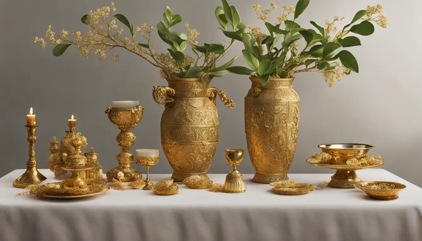 Mesa de madeira com moedas de ouro, vela acesa, baú aberto com joias e planta jade, representando rituais de prosperidade financeira.