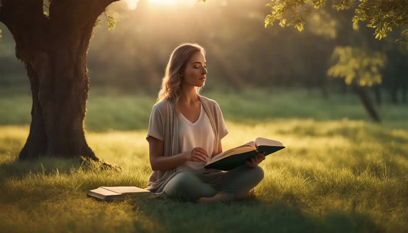 Mulher meditando ao pôr do sol em um campo verde com uma árvore ao fundo e um livro aberto ao seu lado, simbolizando autoconhecimento e crescimento pessoal.