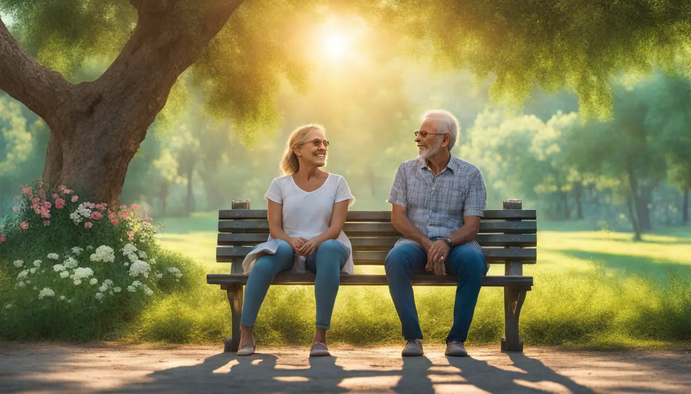 Casal em um banco de parque sorrindo e segurando as mãos, cercados por árvores verdes e flores, com o sol brilhando no céu azul.