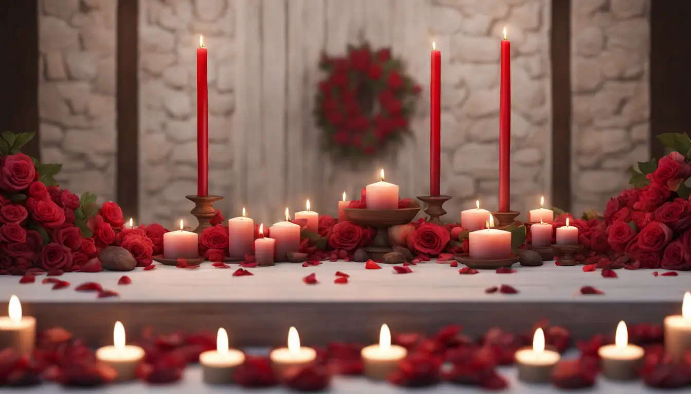 Altar de madeira com velas vermelhas acesas, pétalas de rosas vermelhas, espelho redondo pequeno e duas taças de vinho tinto com prato de morangos.