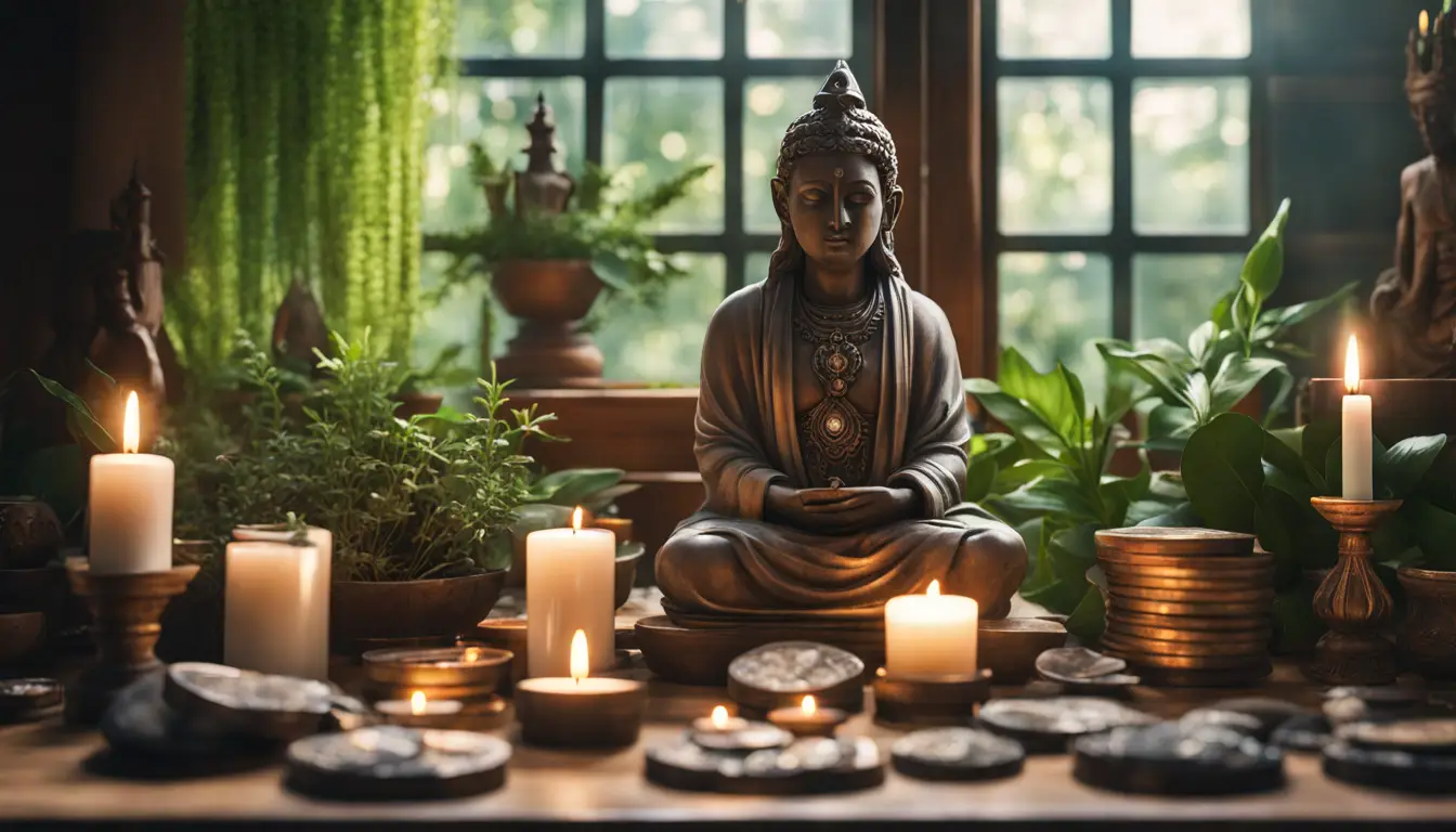 Altar com velas, moedas e cristais em uma mesa de madeira, estátua de uma divindade centralizada, plantas verdes ao redor e luz do dia pela janela.