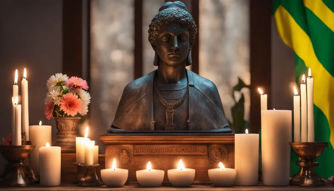 Altar com estátua de Oxóssi, velas, flores e oferendas, com bandeira do Brasil ao fundo e vela acesa em primeiro plano.