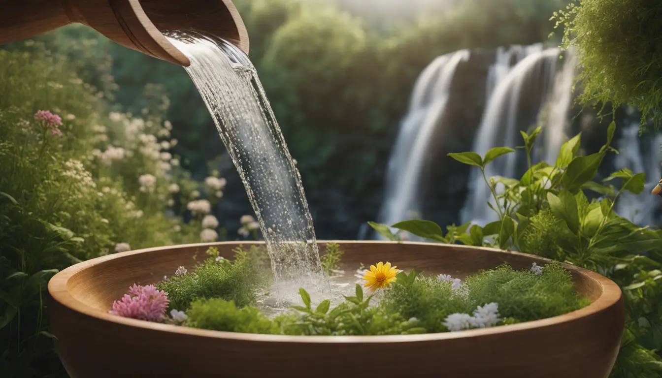 Pessoa de pé ao ar livre, derramando água com ervas e flores de uma tigela de madeira sobre a cabeça, com plantas verdes e uma cachoeira ao fundo.