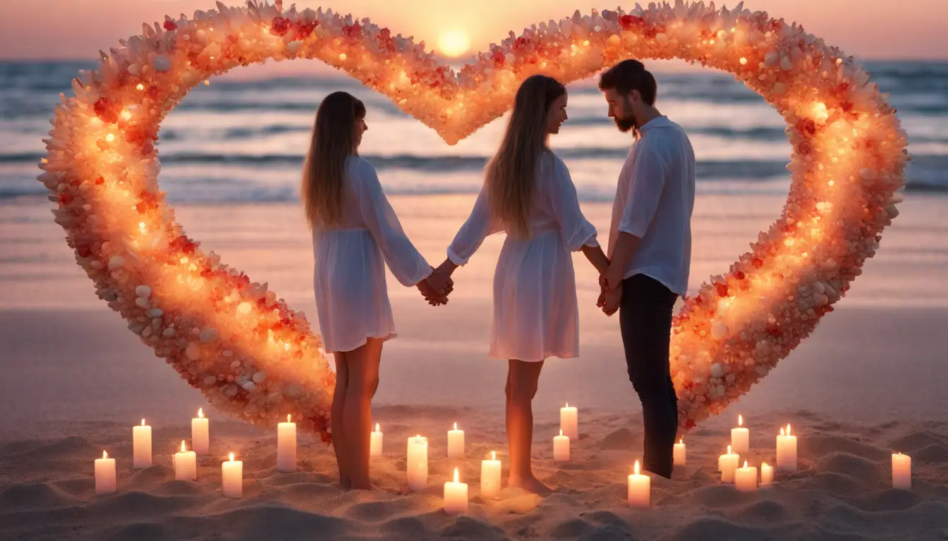 Casal jovem de mãos dadas em círculo de velas acesas na praia ao pôr do sol, cercado por cristais coloridos e conchas em forma de coração.