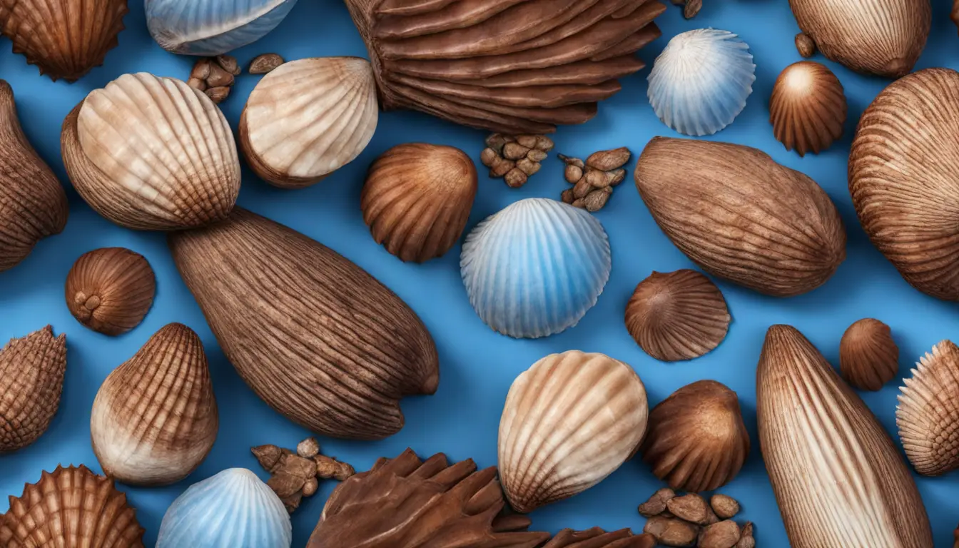 Mesa de madeira escura com um jogo de búzios de conchas brancas espalhadas, velas acesas e um pano de fundo azul-claro.