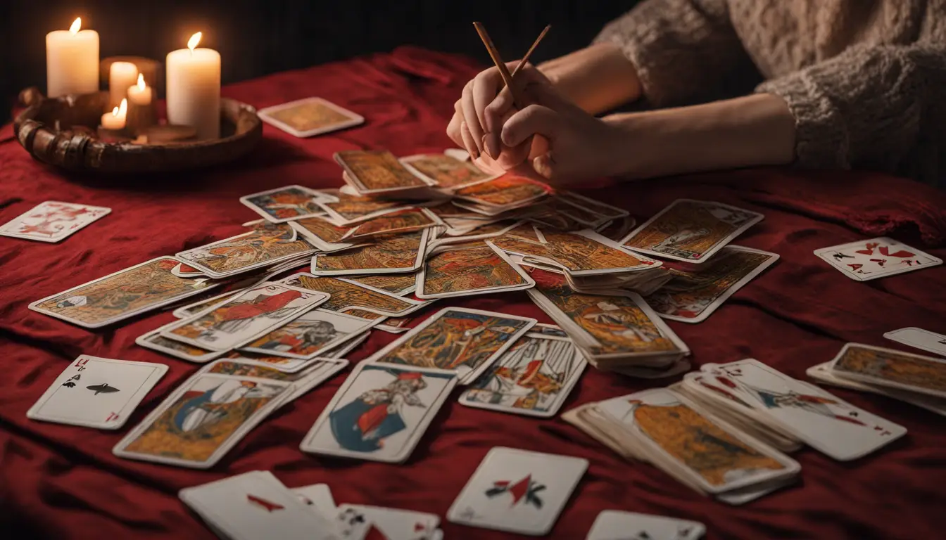 Mão feminina segurando a carta de Tarot 'O Louco' sobre mesa de madeira com cartas espalhadas, velas e cortinas vermelhas ao fundo.