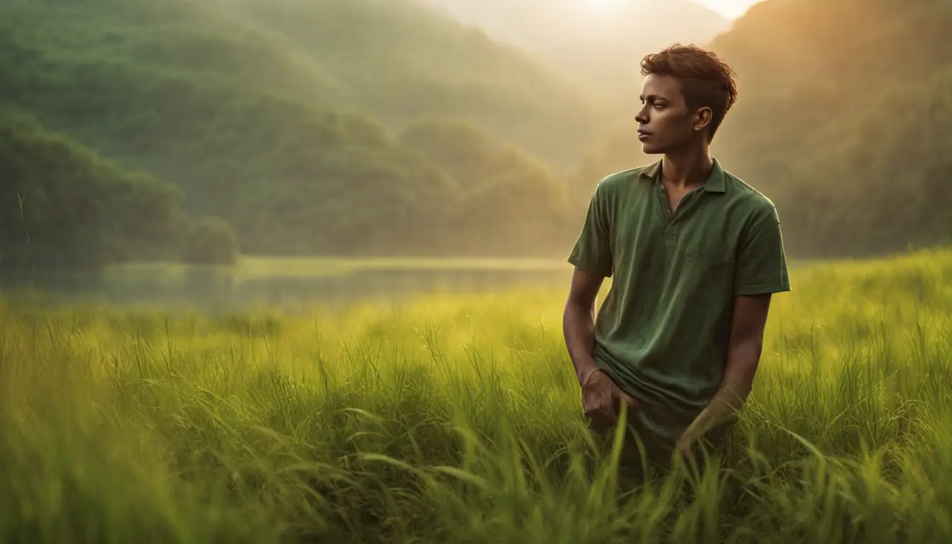 Jovem sentado em posição de lótus em campo verde ao amanhecer, cercado por árvores altas e um rio, com névoa leve ao fundo.