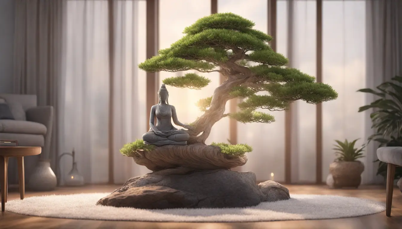 Mulher meditando em posição de lótus em um tapete, rodeada por cristais de quartzo e ametista, com um bonsai ao fundo e luz natural suave.