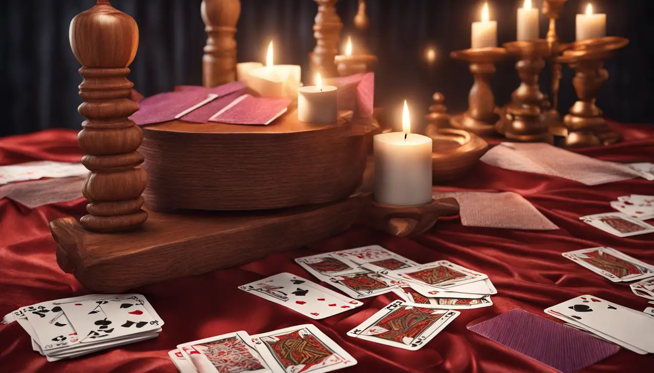 Mesa de madeira com cartas de tarô, uma vela acesa à direita e um cristal roxo à esquerda.