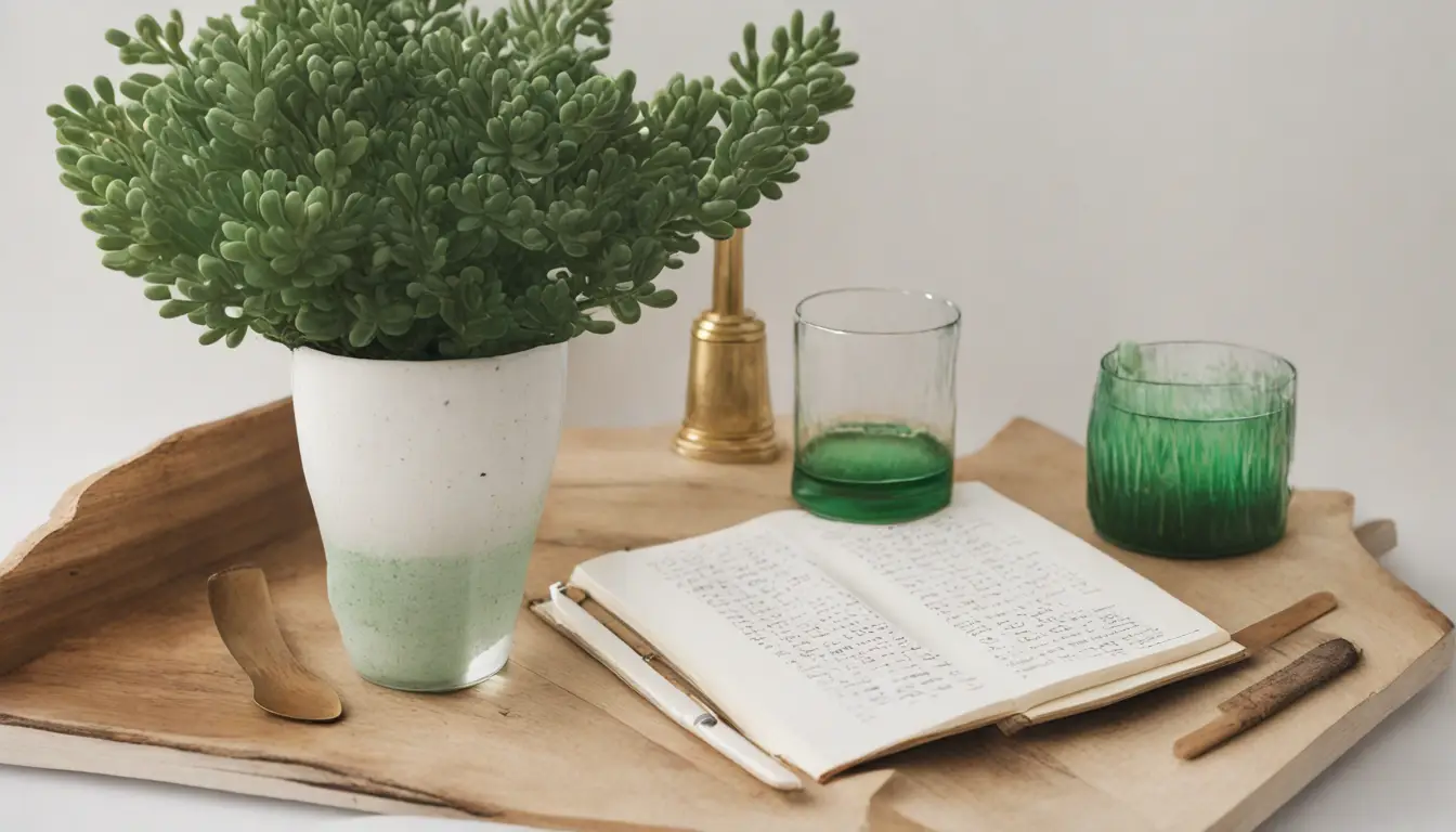 Mesa com toalha verde, vela acesa, três moedas de ouro, planta suculenta em vaso branco, caderno de anotações e caneta.