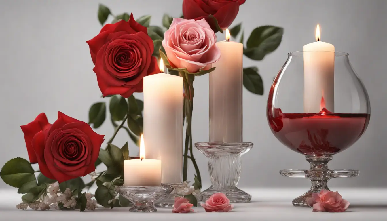 Mesa de madeira com velas vermelhas em castiçais dourados, buquê de flores rosas e duas xícaras de chá.