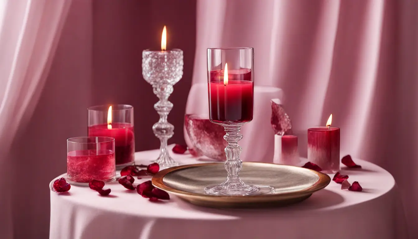 Mesa de madeira com toalha branca, velas acesas, rosa vermelha, taça de vinho e amuleto de cristal em forma de coração.