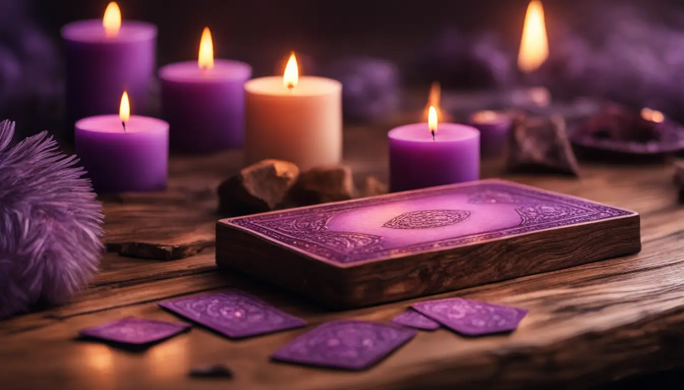 Mesa de madeira com pano roxo, cartas de tarô de Marselha, velas acesas e cristais, iluminação suave.