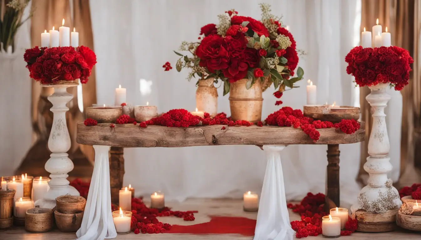 Mesa redonda com toalha branca, duas velas vermelhas acesas, prato com mel, duas maçãs vermelhas e foto de casal ao fundo.