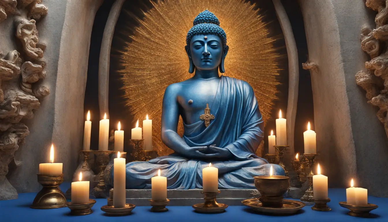 Monge meditando em uma caverna, cercado por velas, com um cristal azul na frente e uma estátua de Buda dourada ao fundo.