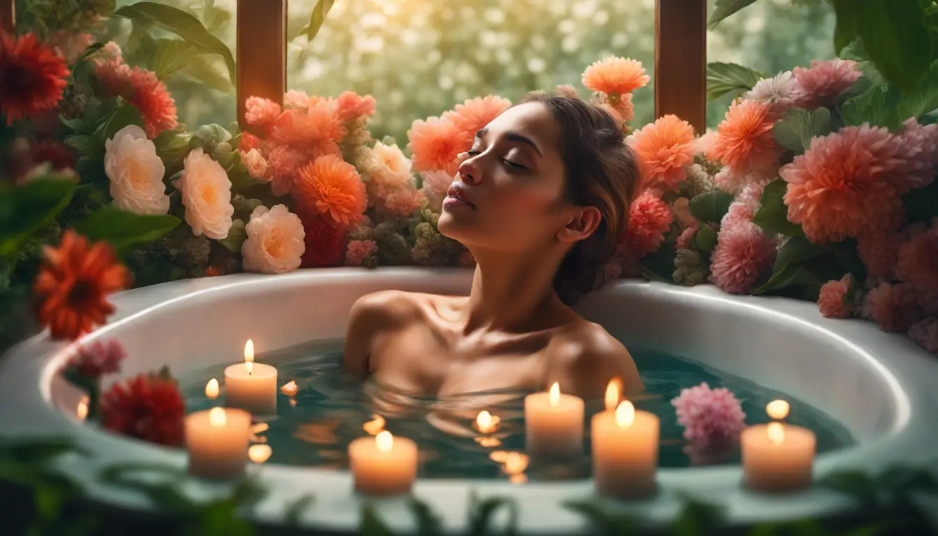 Mulher em banheira com pétalas e velas acesas, ambiente iluminado e plantas ao fundo.