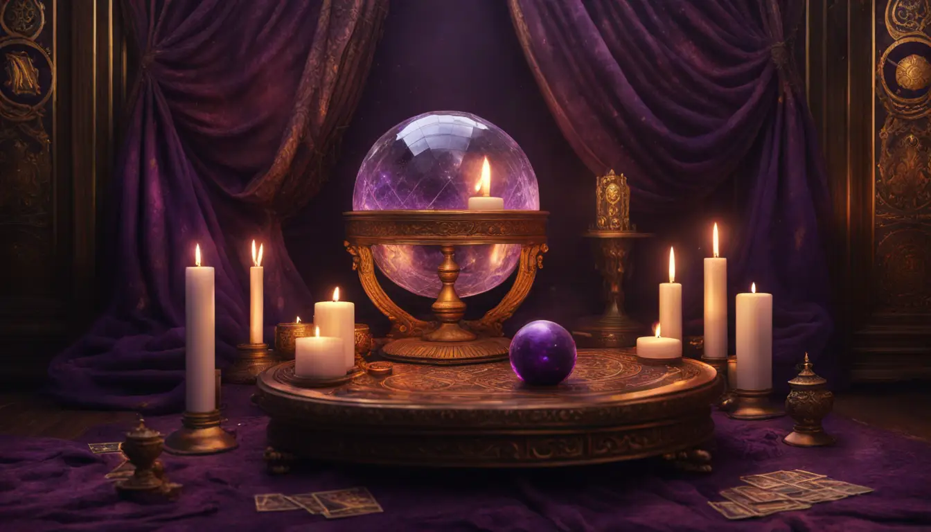 Cena mística com bola de cristal, cartas de tarô, velas acesas e fumaça de incenso em sala com cortinas de veludo roxo.